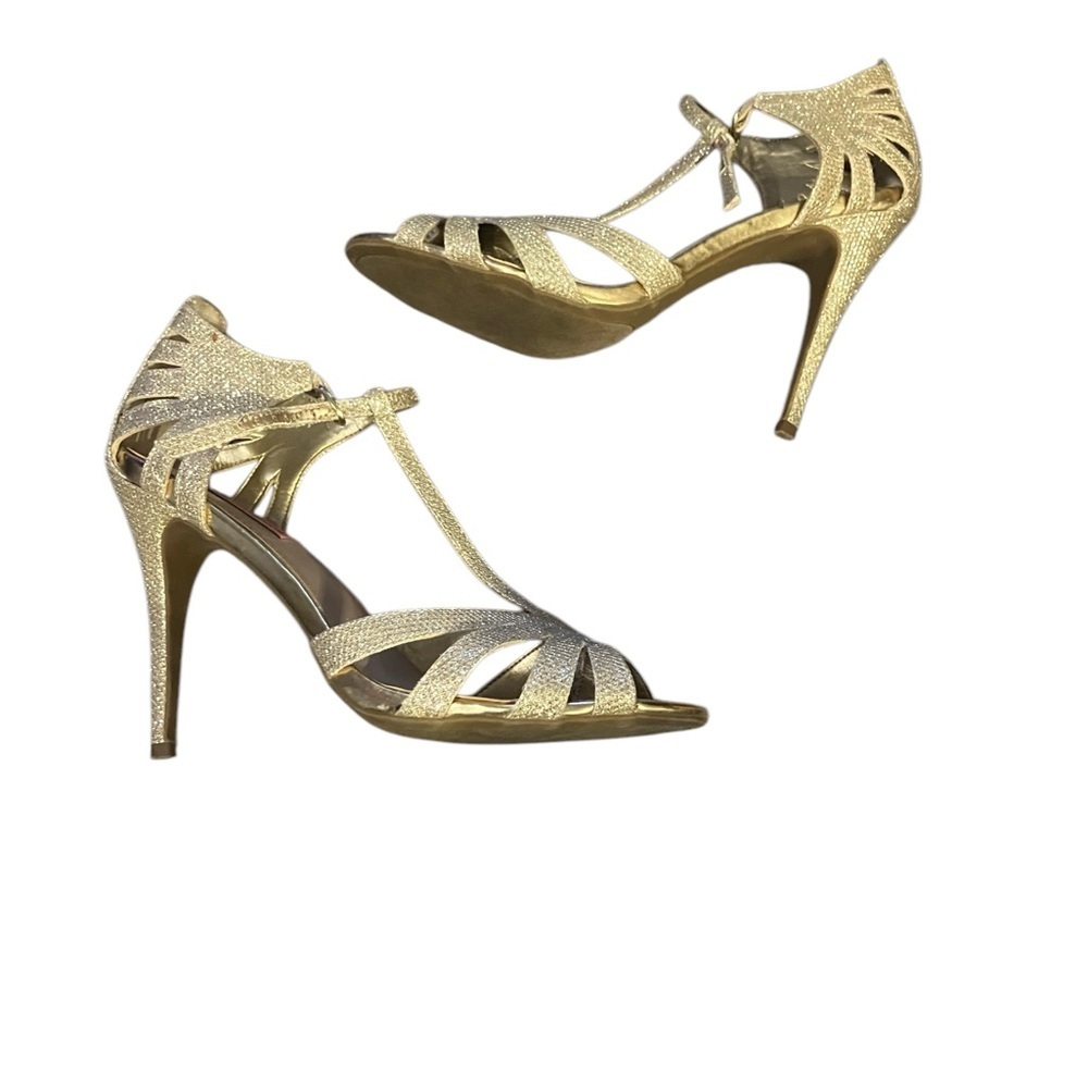 Betsey Johnson Gold Glitter T-Strap Open-Toe Stiletto Heels - Picture 2 of 14